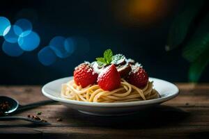 spaghetti with strawberries and mint on a plate. AI-Generated photo