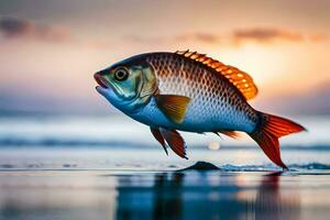 un pescado es saltando fuera de el agua a puesta de sol. generado por ai foto