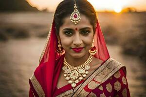 un hermosa indio novia en rojo sari. generado por ai foto