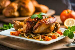 pollo con pasta y Tomates en un lámina. generado por ai foto