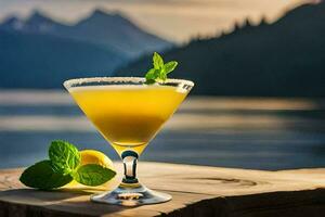 un cóctel con limón y menta en un mesa en frente de un lago. generado por ai foto