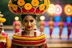 un mujer en tradicional indio atuendo con un grande flor fuente. generado por ai foto