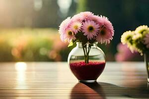 a vase with pink flowers sitting on a table. AI-Generated photo