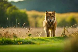 un solitario lobo caminando mediante un campo. generado por ai foto