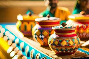 colorful pots on a table with people in the background. AI-Generated photo