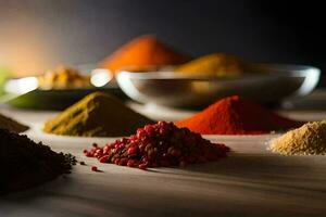 various spices and spices are arranged on a table. AI-Generated photo