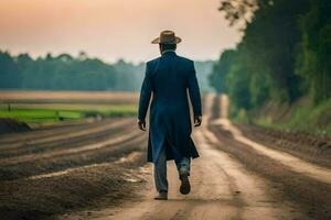 un hombre en un azul traje y sombrero caminando abajo un suciedad la carretera. generado por ai foto