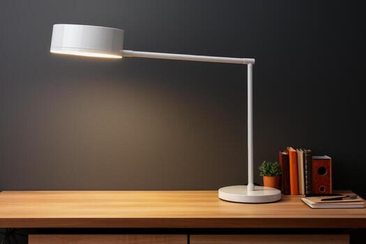 Minimalist LED table lamp on a plain desk background with empty space for text photo