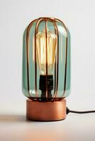 Trendy copper wire table lamp with urban aesthetics isolated on a white background photo