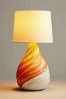 Modern ceramic table lamp casting warm light isolated on a gradient background photo