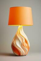 Modern ceramic table lamp casting warm light isolated on a gradient background photo