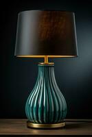 Modern ceramic table lamp on a dark surface background with empty space for text photo