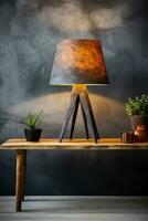 Contemporary concrete table lamp on a modernist setting background with empty space for text photo