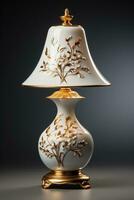 Classic porcelain table lamp spreading soothing light isolated on a gradient background photo