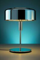 Sleek stainless steel table lamp reflecting light isolated on a gradient background photo