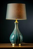 Modern ceramic table lamp on a dark surface background with empty space for text photo