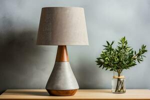 Contemporary concrete table lamp on a modernist setting background with empty space for text photo