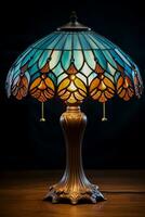 Tiffany style table lamp on an oak table background with empty space for text photo