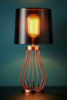 Trendy copper wire table lamp casting subtle shadows isolated on a gradient background photo