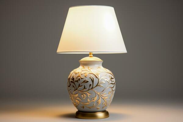 Classic porcelain table lamp spreading soothing light isolated on a gradient background