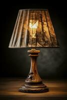 Rustic wooden table lamp radiating ambient light isolated on a gradient background photo