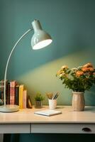 Minimalist LED table lamp on a plain desk background with empty space for text photo