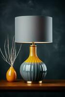 Modern ceramic table lamp on a dark surface background with empty space for text photo