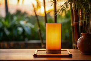 Exotic bamboo table lamp on natural setting background with empty space for text photo