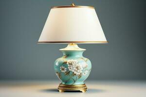 Classic porcelain table lamp spreading soothing light isolated on a gradient background photo