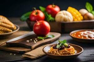 spaghetti with tomato sauce, bread and vegetables on a wooden table. AI-Generated photo