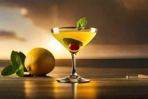 a cocktail with lemon and mint on a table. AI-Generated photo