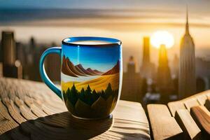 a coffee cup with mountains and trees on a table. AI-Generated photo