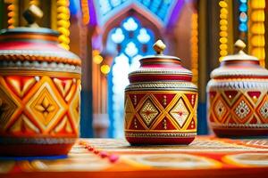 three colorful vases on a table in front of a window. AI-Generated photo