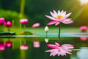 rosado loto flor en el agua con verde hojas. generado por ai foto
