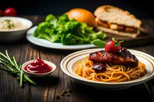 a plate of spaghetti with meat and sauce on a wooden table. AI-Generated photo