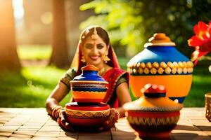 a woman in traditional indian dress sits on a bench with colorful pots. AI-Generated photo