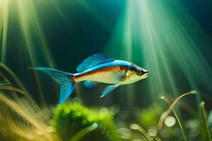 un pescado nadando en el agua con luz de sol brillante a través de. generado por ai foto