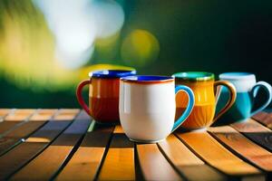 colorful coffee cups on a wooden table. AI-Generated photo