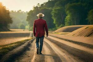 a man in a red jacket and hat walks down a dirt road. AI-Generated photo