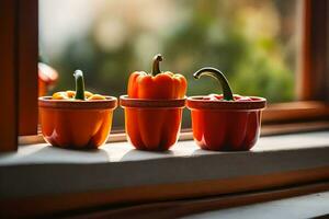 Tres pequeño ollas con pimientos sentado en un ventana umbral. generado por ai foto