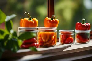 frascos lleno con pimientos y Tomates sentar en un ventana umbral. generado por ai foto