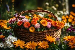 un cesta lleno de flores es sentado en el césped. generado por ai foto
