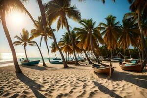 boats on the beach in front of palm trees. AI-Generated photo