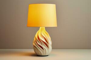 Modern ceramic table lamp casting warm light isolated on a gradient background photo