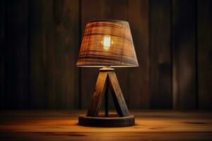 Rustic wooden table lamp radiating ambient light isolated on a gradient background photo