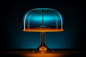 Vintage glass table lamp glowing gently isolated on a blue gradient background photo