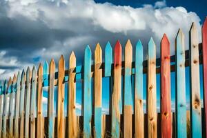 a wooden fence with colorful wooden posts. AI-Generated photo