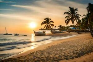 a beach at sunset with palm trees and boats. AI-Generated photo