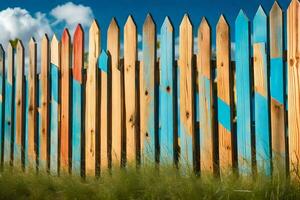 a colorful fence with a blue sky in the background. AI-Generated photo