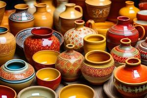 many different colored pottery vases are on display. AI-Generated photo